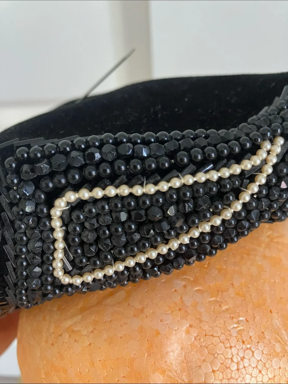 VTG Black Beaded Velvet Hat with Pearl Trim